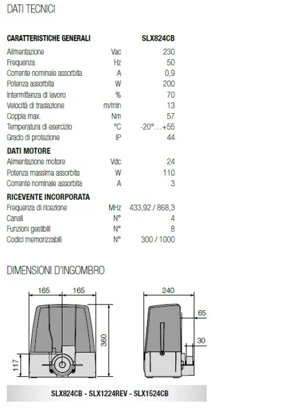 SLX824CB_datasheet SLX824CB Automazione 24V ante max 800kg con batteria